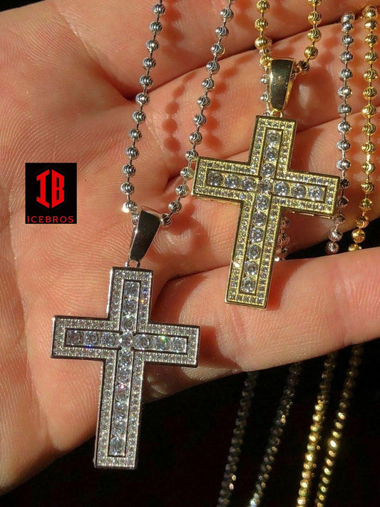 Men's Cross Pendant Sterling Silver 925 Iced Diamond Necklace Medium Size (CZ)