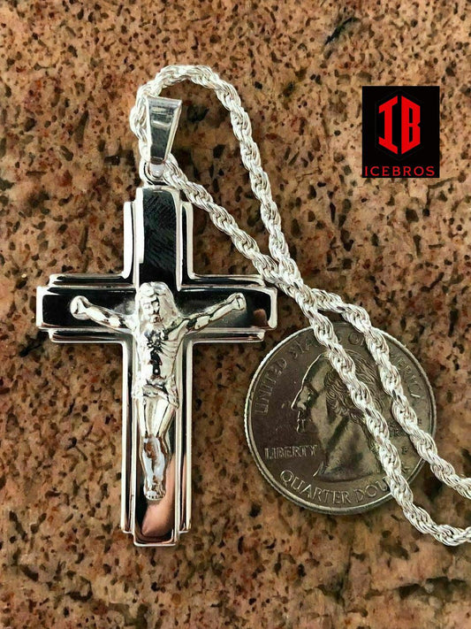 Men's Sterling Silver Jesus Lined 3D Crucifix Cross Pendant 2.25x1.25”