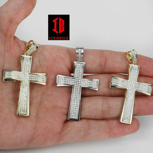 Mens Real Solid 925 Silver Cross W. Tennis Chain Pendant Iced Icy Hip Hop (CZ)