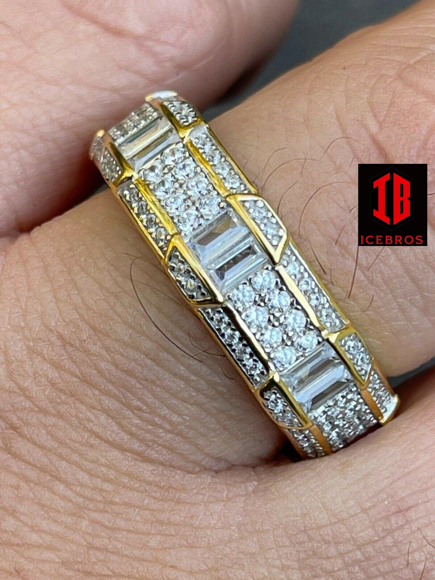 14K Gold Vermeil 925 Silver Real Iced Baguette Diamond Wedding Band Pinky Ring (CZ)