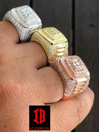 Solid 925 Silver Men's Hip Hop Rapper Big Diamond Pinky RING 14k Gold (CZ)