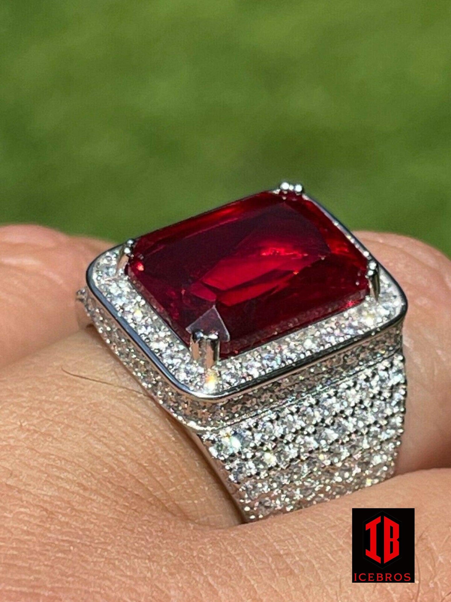 Men's Iced Diamond Real 925 Silver Ruby Red Stone Big Ring (CZ)