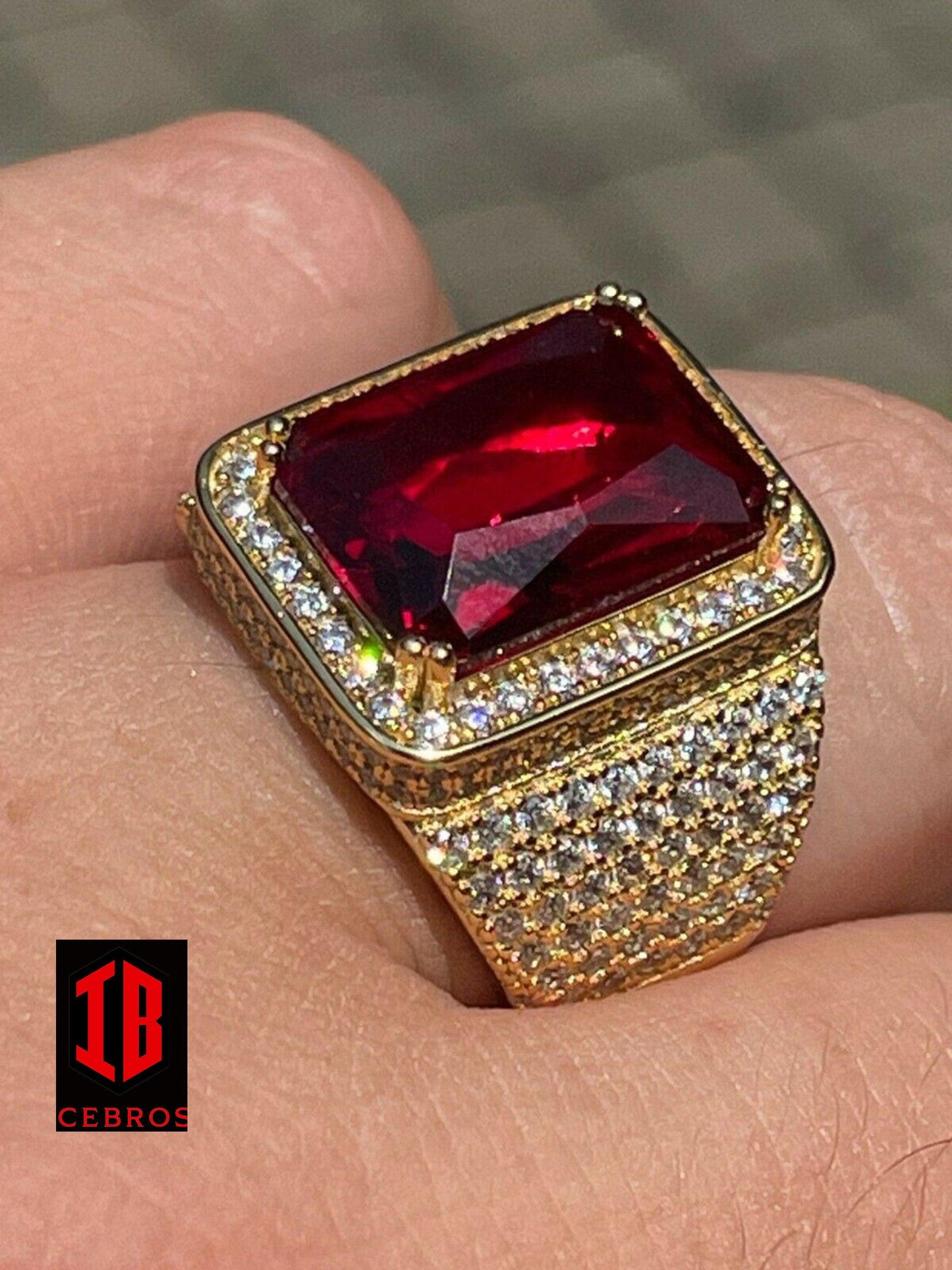 Men's Iced Diamond Real 925 Silver Ruby Red Stone Big Ring (CZ)