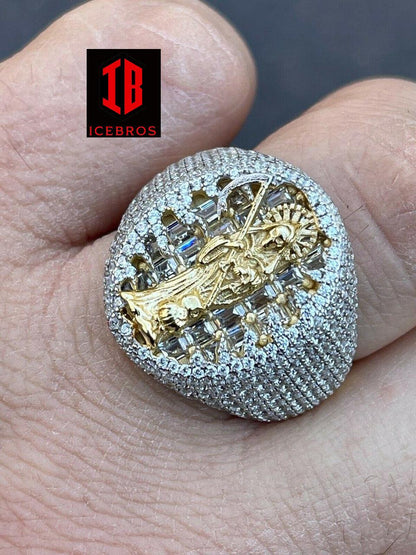 Real 925 14k Gold Baguette Diamond Grim Reaper Santa Muerte Iced Mens Hip Hop Ring (CZ)