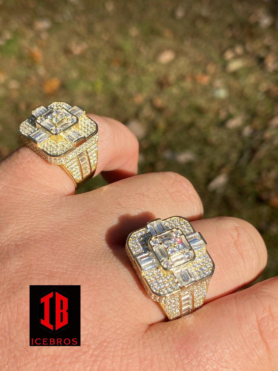 14k Gold Over Real Solid 925 Silver Men's Baguette Diamond Cross Ring Hip Hop (CZ)