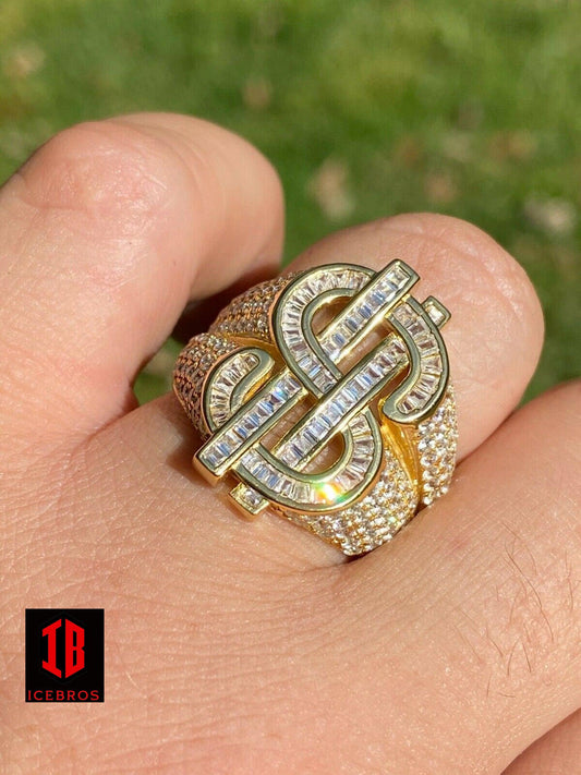 14k Gold Real Solid 925 Sterling Silver Men's Hip Hop Dollar Sign $ Pinky Ring (CZ)