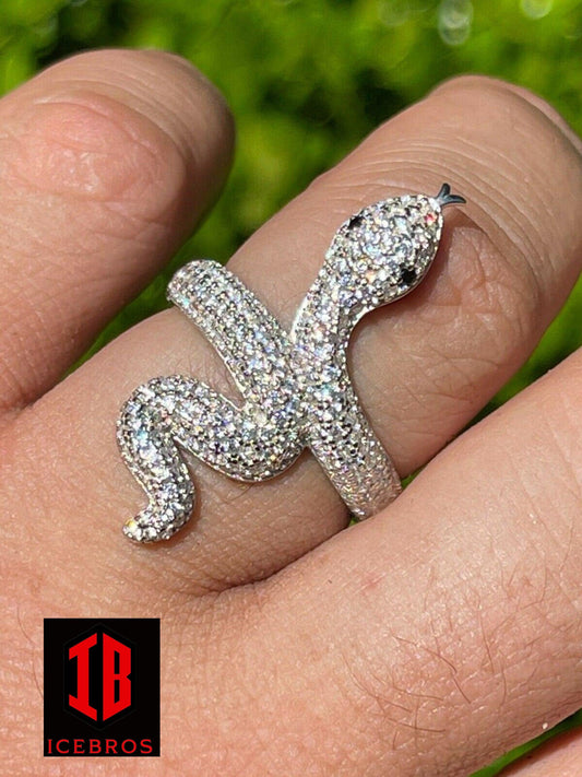 Real Solid 925 Sterling Silver Mens Ladies Snake Cobra Iced Diamond Ring Hip Hop  (CZ)