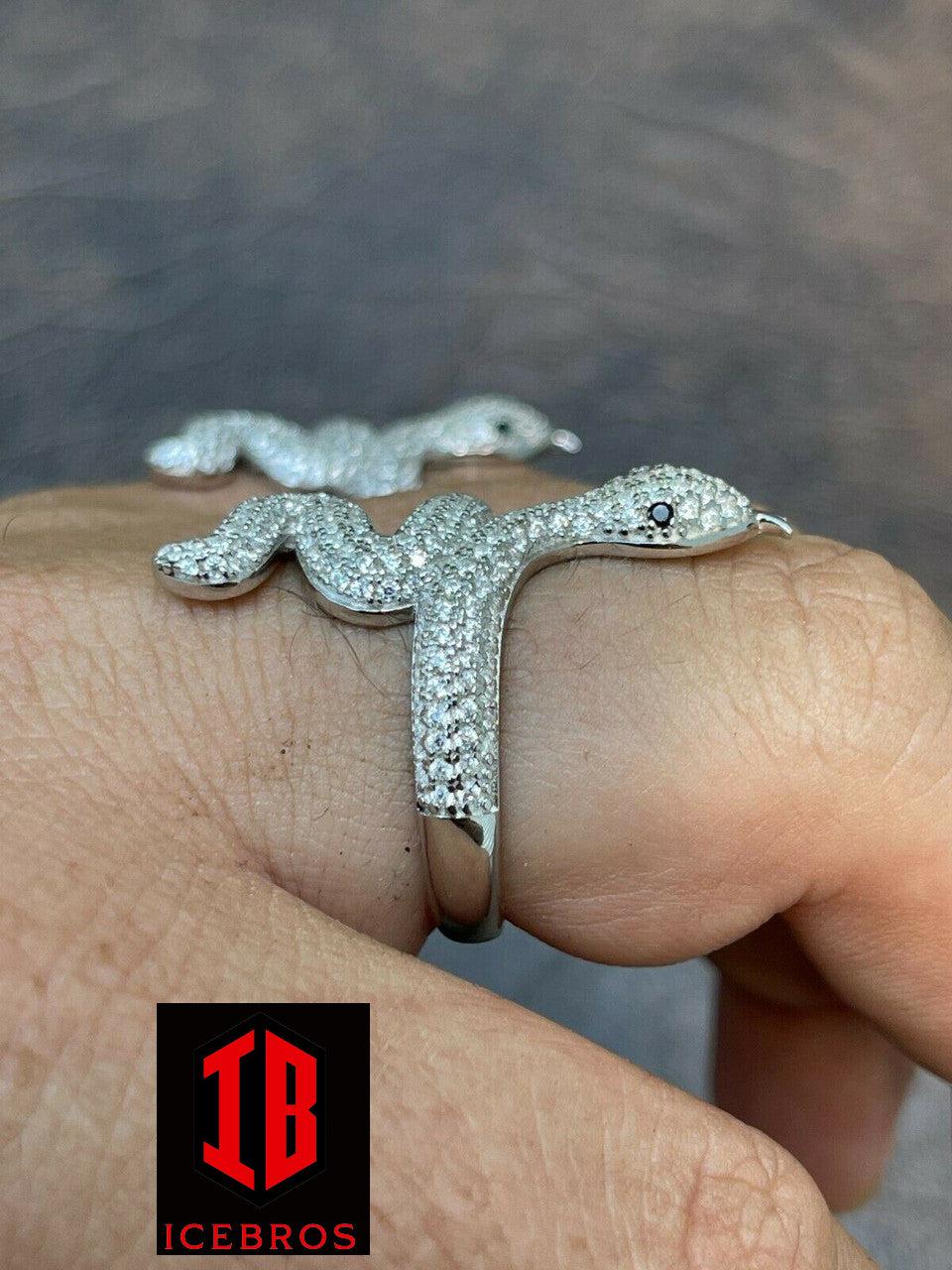 Real Solid 925 Sterling Silver Mens Ladies Snake Cobra Iced Diamond Ring Hip Hop  (CZ)