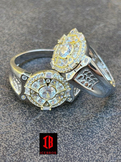 Men's 14k Gold & Real 925 Silver Iced Diamond Solitaire Pinky Compass Star Ring (CZ)