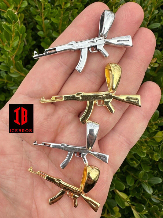 Real Solid 925 Silver 14k Gold Men's AK-47 Gun Rifle Gangster Charm Necklace