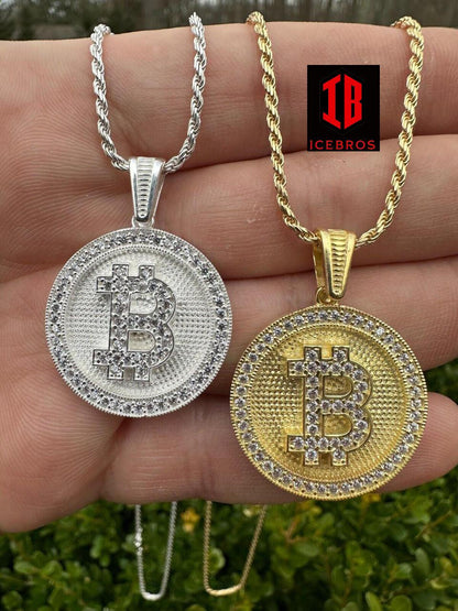 Solid 925 Silver 14K Gold Iced Letter B BITCOIN CZ Pendant Necklace HipHop (CZ)