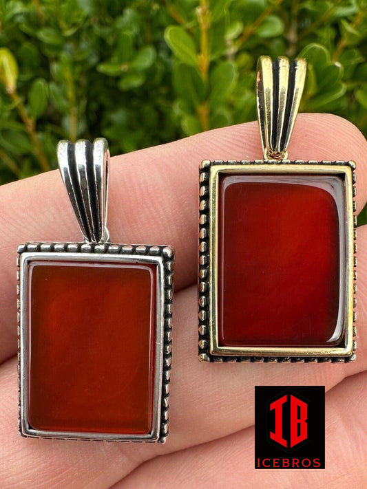 Real Solid 925 Sterling Silver Plain Men's Dog Tag Pendant Red Agate Necklace