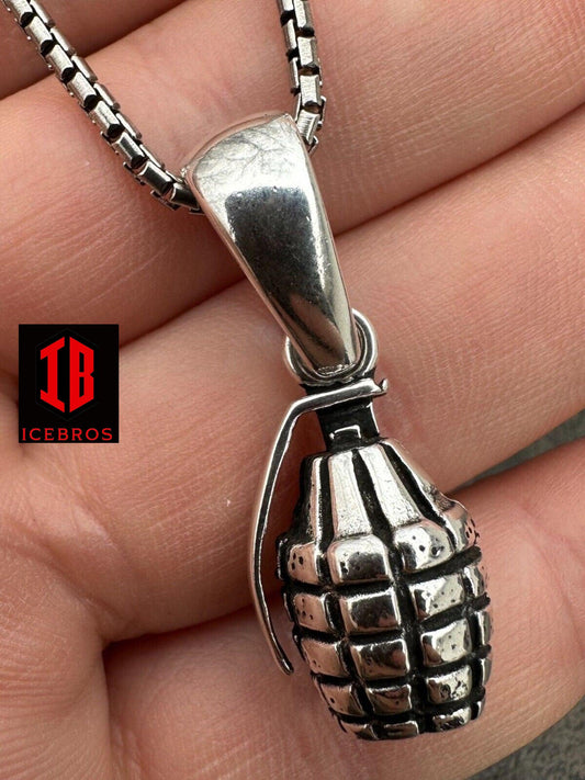Mens Real 925 Sterling Silver Hand Grenade Bomb Pendant Necklace Small But Heavy