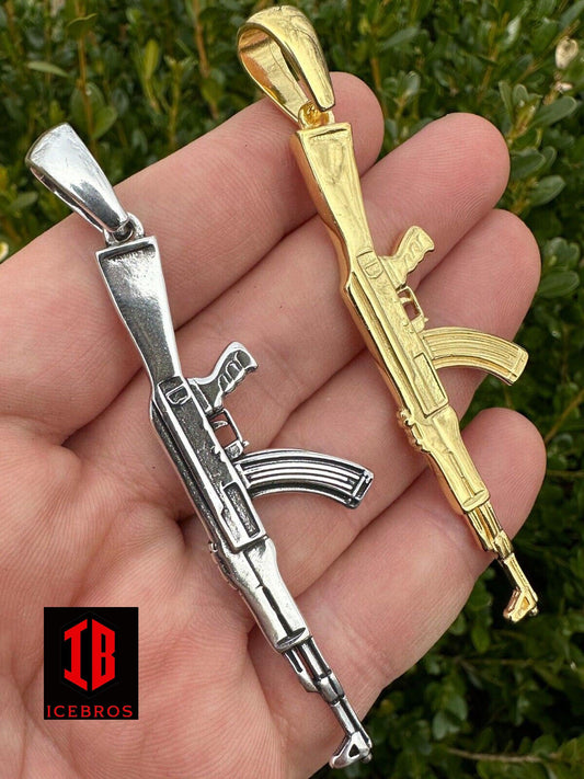 Vermeil 925 Silver / 14k Gold Men's 3D AK-47 Gun Rifle Pendant Necklace Hip Hop