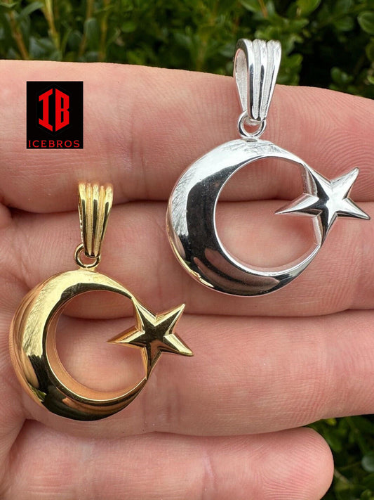 Unisex Real 925 Silver / 14k Gold Crescent Moon & Star Islam Muslim Arabic Pendant