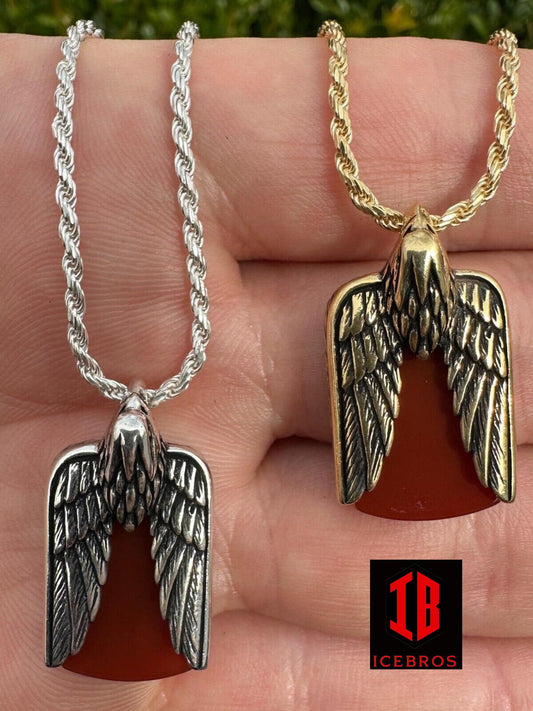 Vermeil Solid 925 Silver Mens Eagle Dog Tag Pendant Red Agate Gemstone Necklace