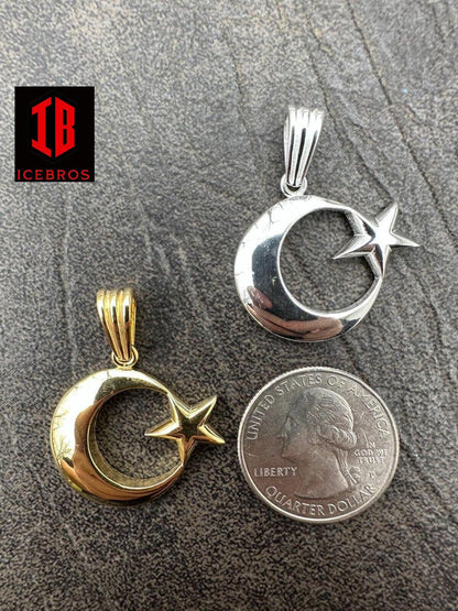 Unisex Real 925 Silver / 14k Gold Crescent Moon & Star Islam Muslim Arabic Pendant