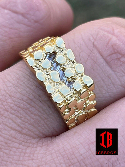 14k Gold Over REAL Solid 925 Sterling Silver Nugget Ring Iced Baguette Diamonds (CZ)