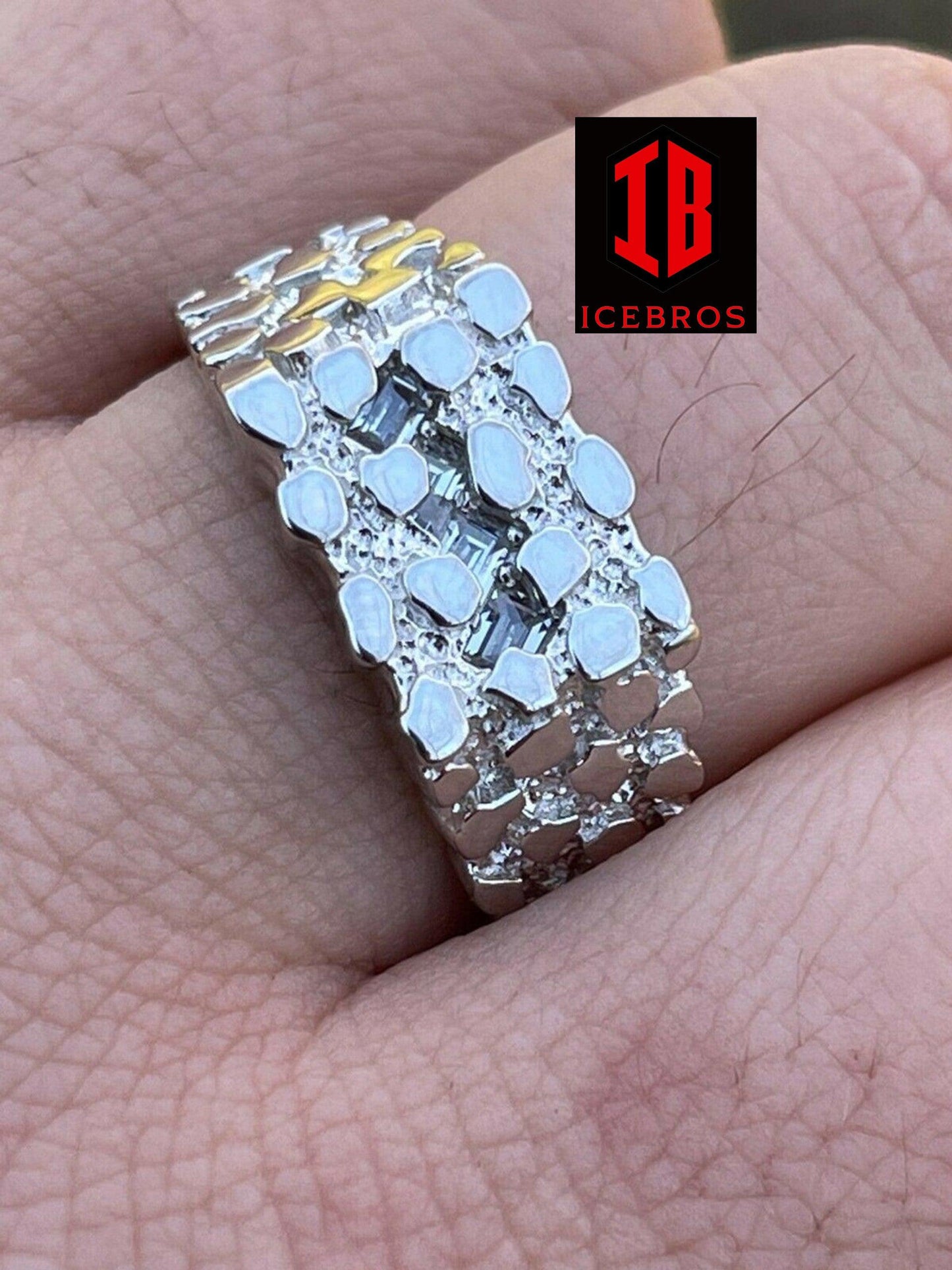 14k Gold Over REAL Solid 925 Sterling Silver Nugget Ring Iced Baguette Diamonds (CZ)