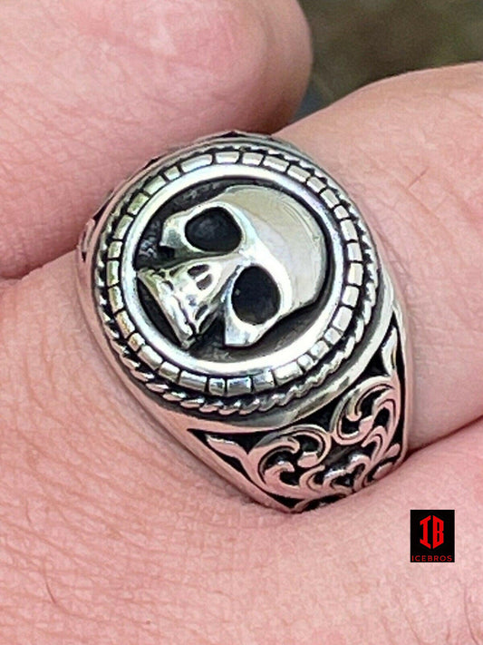 925 Sterling Silver Men's Skull Skelton Ring Vintage Oxidized Black Rhodium