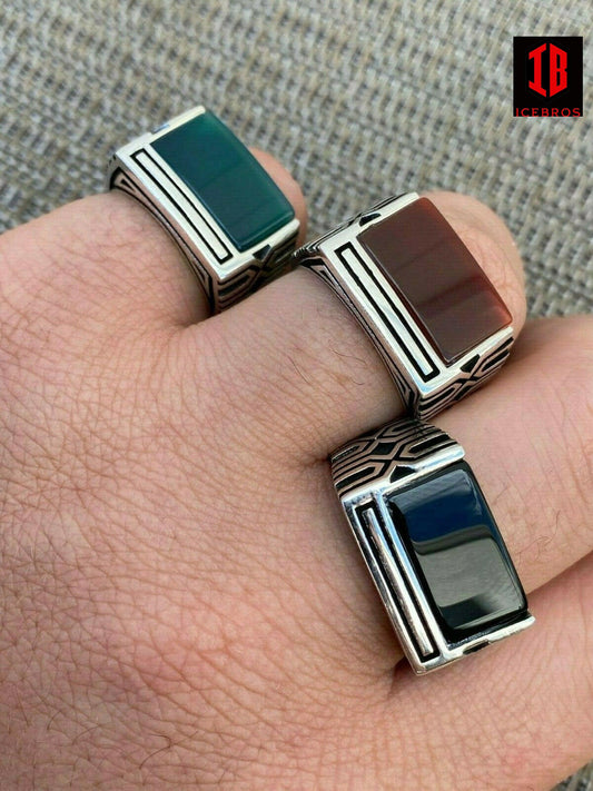 925 Sterling Silver Black Onyx Green Red Agate Men's Stone Ring