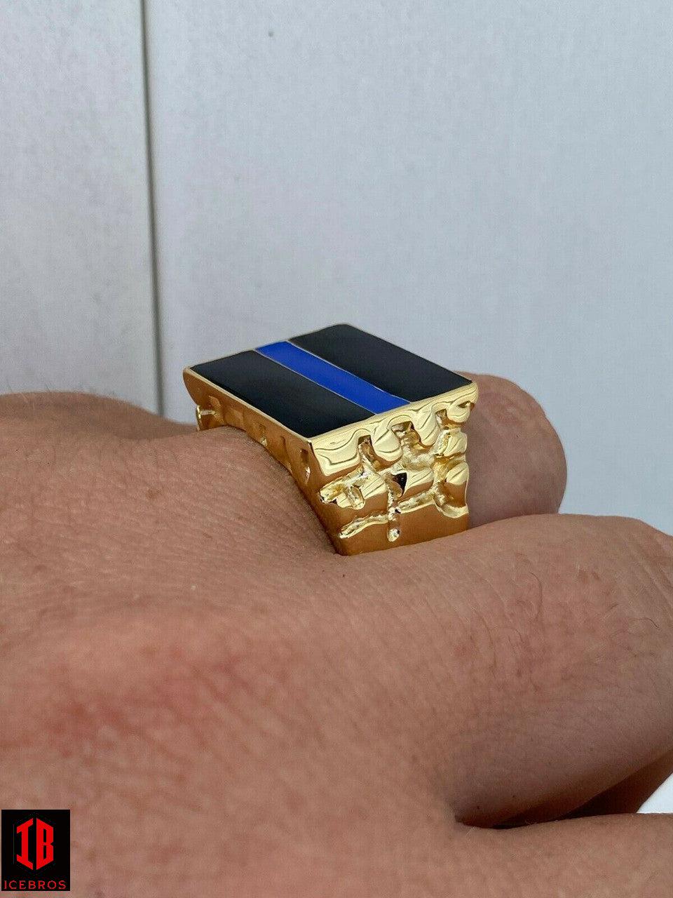14k Gold Vermeil Solid 925 Silver Ring Blue Lives Matter Thin Blue Line Police