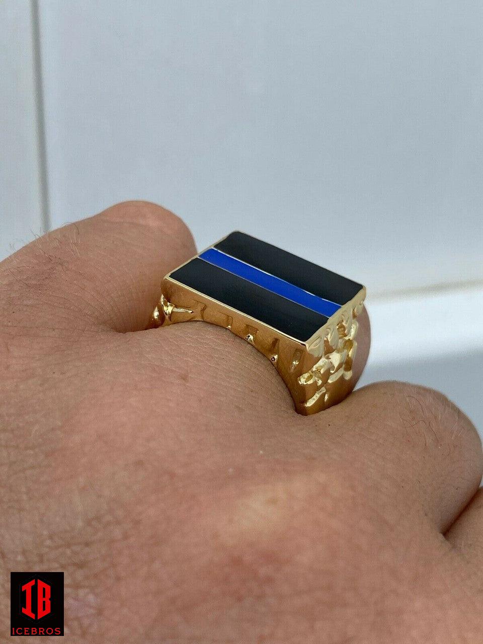 14k Gold Vermeil Solid 925 Silver Ring Blue Lives Matter Thin Blue Line Police