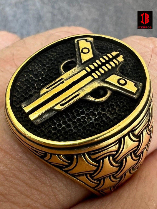 14K Gold Plated 925 Sterling Silver Double Guns Pistols Gangster Ring