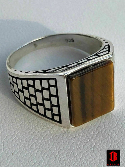 Men's Real Solid 925 Sterling Silver Tiger Eye Square Ring Size 7-13