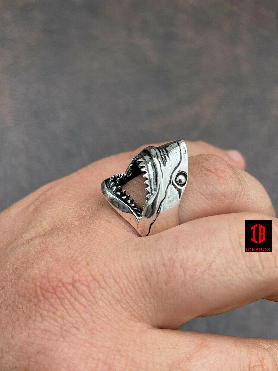 925 Sterling Silver Vermeil Men's Great White Shark Teeth JAWS Ring