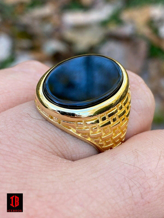 14k Gold Over Vermeil 925 Sterling Silver Black Onyx Stone Men's LARGE Ring