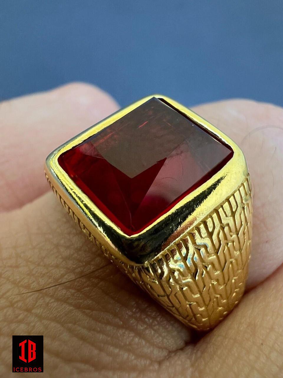 Men's 14K Vermeil 925 Silver Simulated Ruby Red Gem Stone Ring
