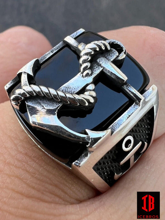 Vermeil Natural Black Onyx Anchor Sailor Maritime Ring