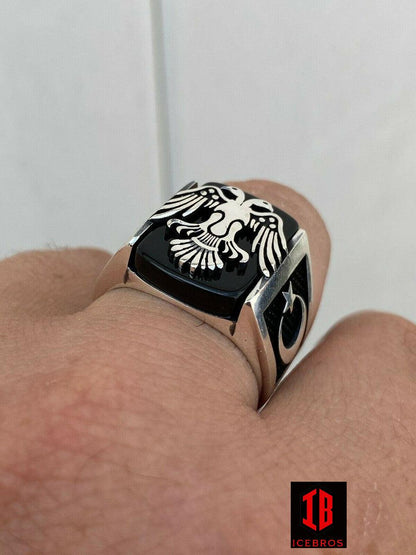 925 Sterling Silver Vermeil Ring Albanian Double Headed Eagle Islamic Crescent