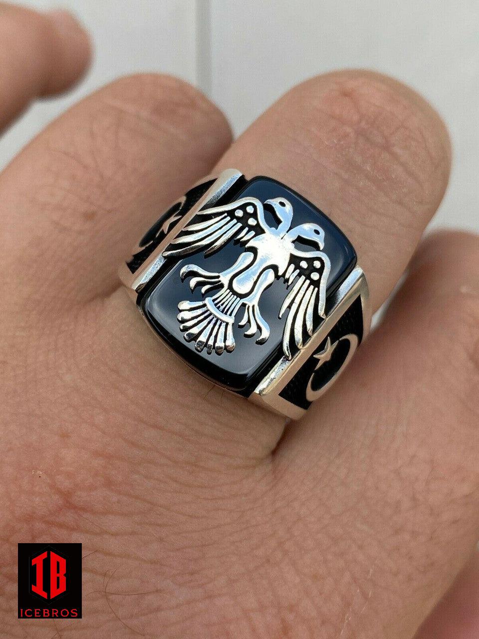 925 Sterling Silver Vermeil Ring Albanian Double Headed Eagle Islamic Crescent