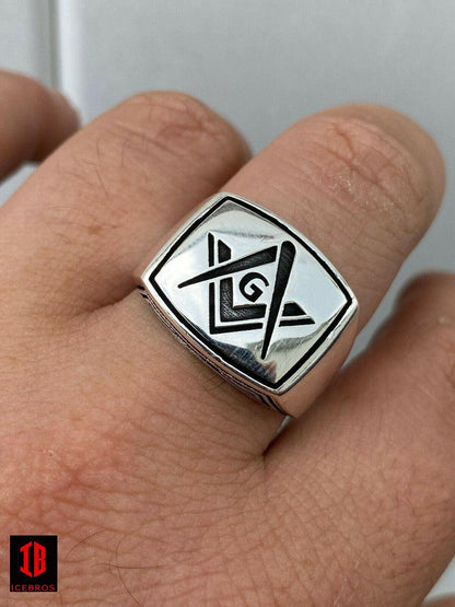 Men's 14k Gold Over Real Solid 925 Sterling Silver Free Mason G Masonic Ring