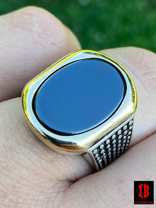 10k Gold Over 925 Sterling Silver Black Onyx Men's Big Ring Pinky