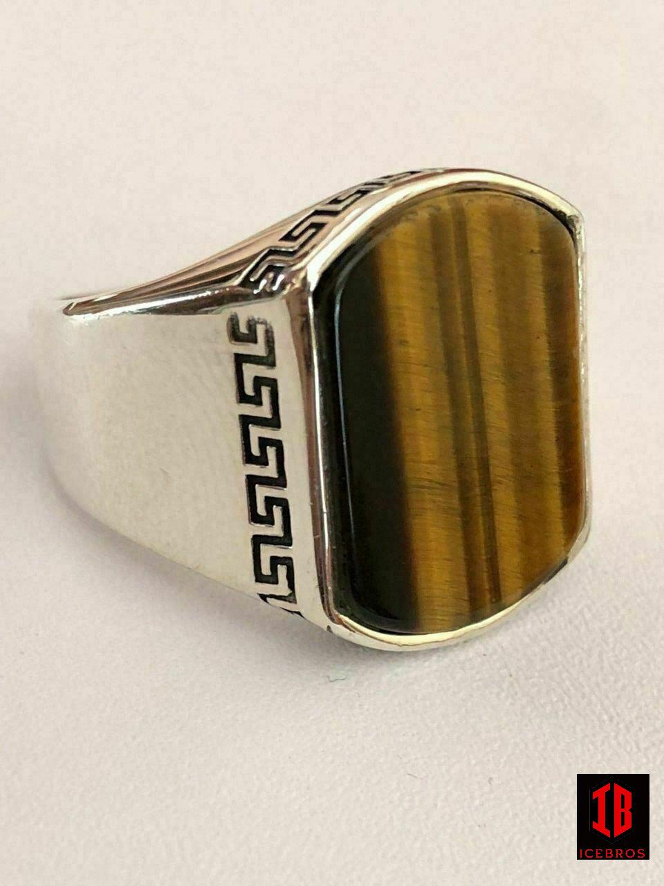 White Gold 925 Sterling Silver Tiger's Eye Men's Signet Ring