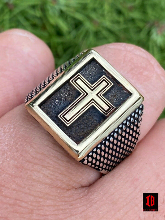 Men's 14k Gold Over Real Solid 925 Sterling Silver Christian Cross Ring Oxidized
