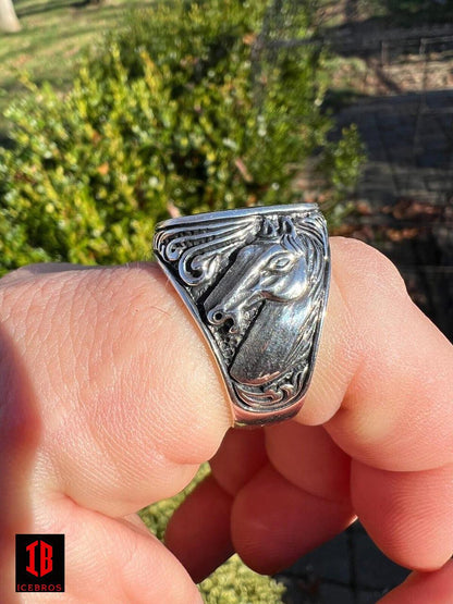 925 Sterling Silver Natural Black Onyx Gemstone Horse Design Ring