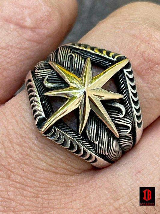925 Sterling Silver & 10k Gold Men's Nautical Compass Star Ring