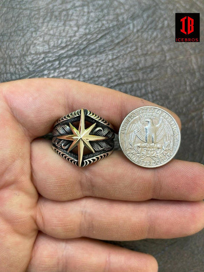 925 Sterling Silver & 10k Gold Men's Nautical Compass Star Ring