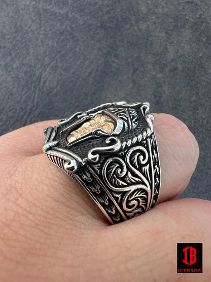 14K 925 Sterling Silver Viking Warrior Draugr Gladiator Skull Ring