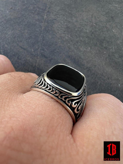 925 Sterling Silver Natural Black Onyx Gemstone Horse Design Ring