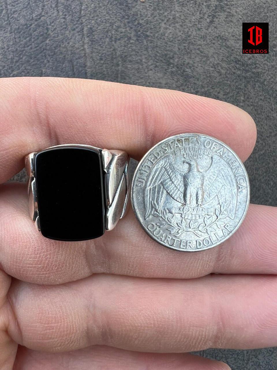 925 Sterling Silver Real Black Onyx Gemstone Miami Cuban Design Ring
