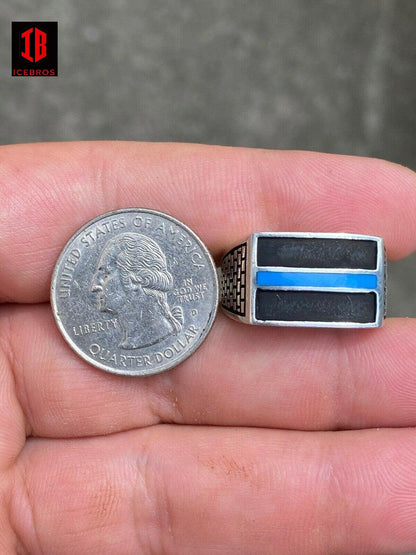 925 Sterling Silver Ring Blue Lives Matter Thin Enamel Blue Line Police Detective