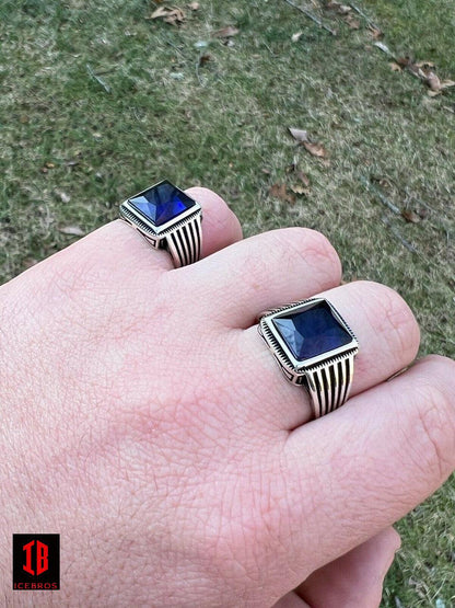 Men 925 Sterling Silver Dark Navy Vermeil Blue Sapphire Stone Ring