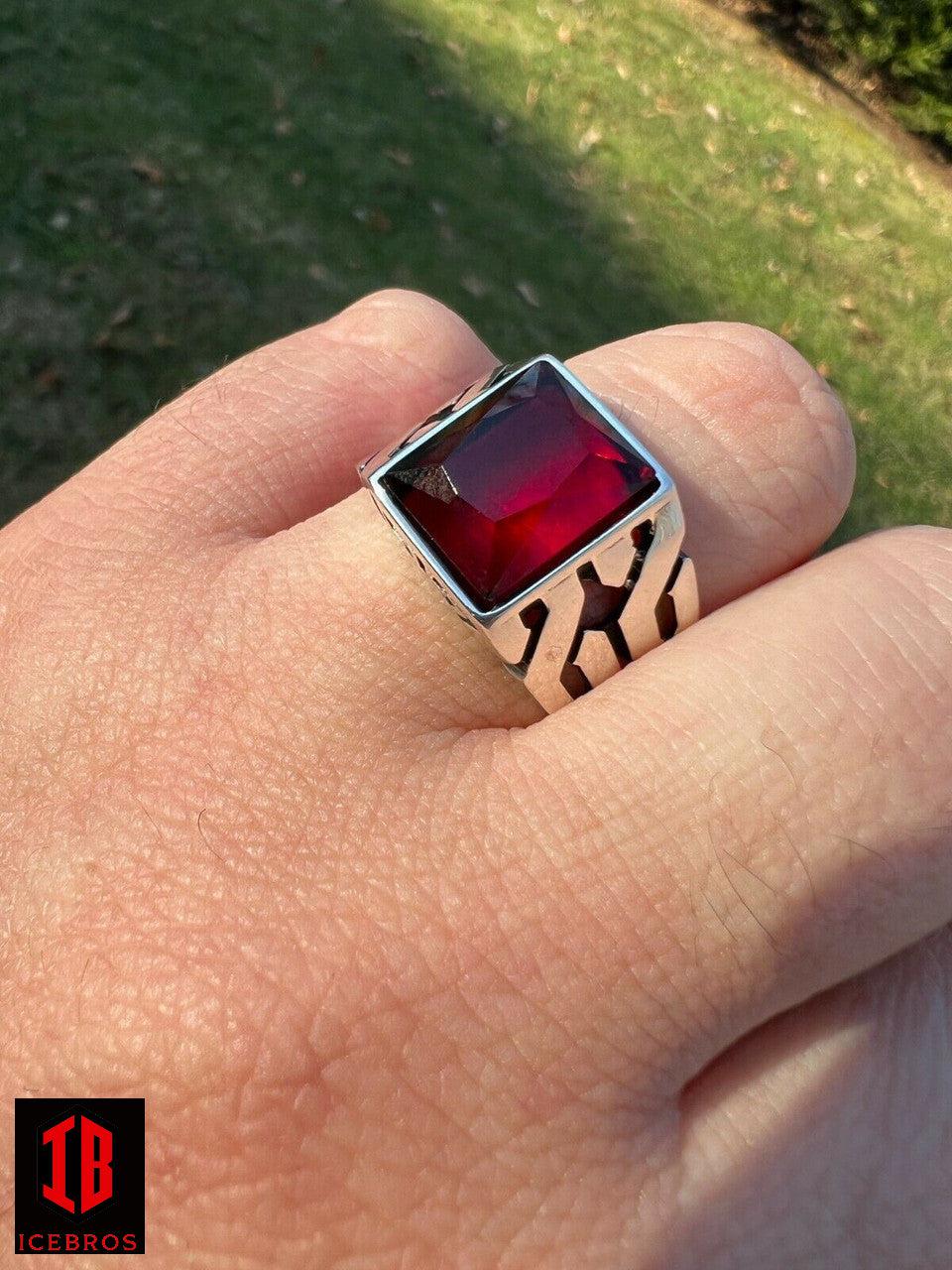 Ladies Men 925 Sterling Silver Red Ruby Gemstone Stone Ring