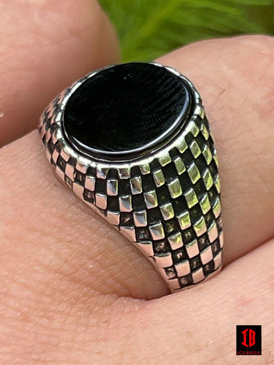 925 Sterling Silver Black Onyx Stone Pinky Checker Ring