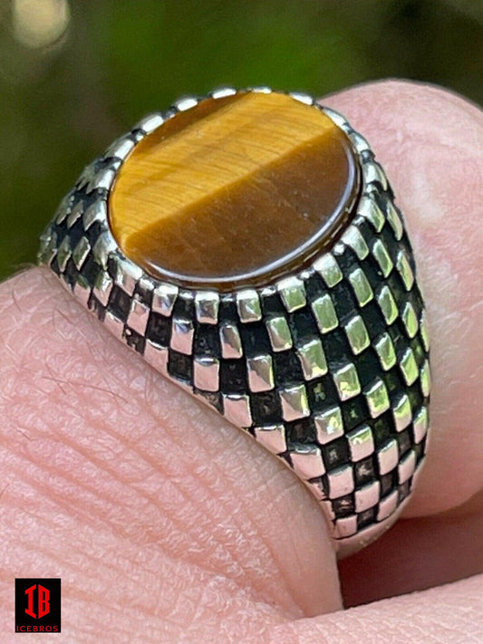 Men's Vermeil Rhodium 925 Sterling Silver Tiger Eye Stone Ring Pinky